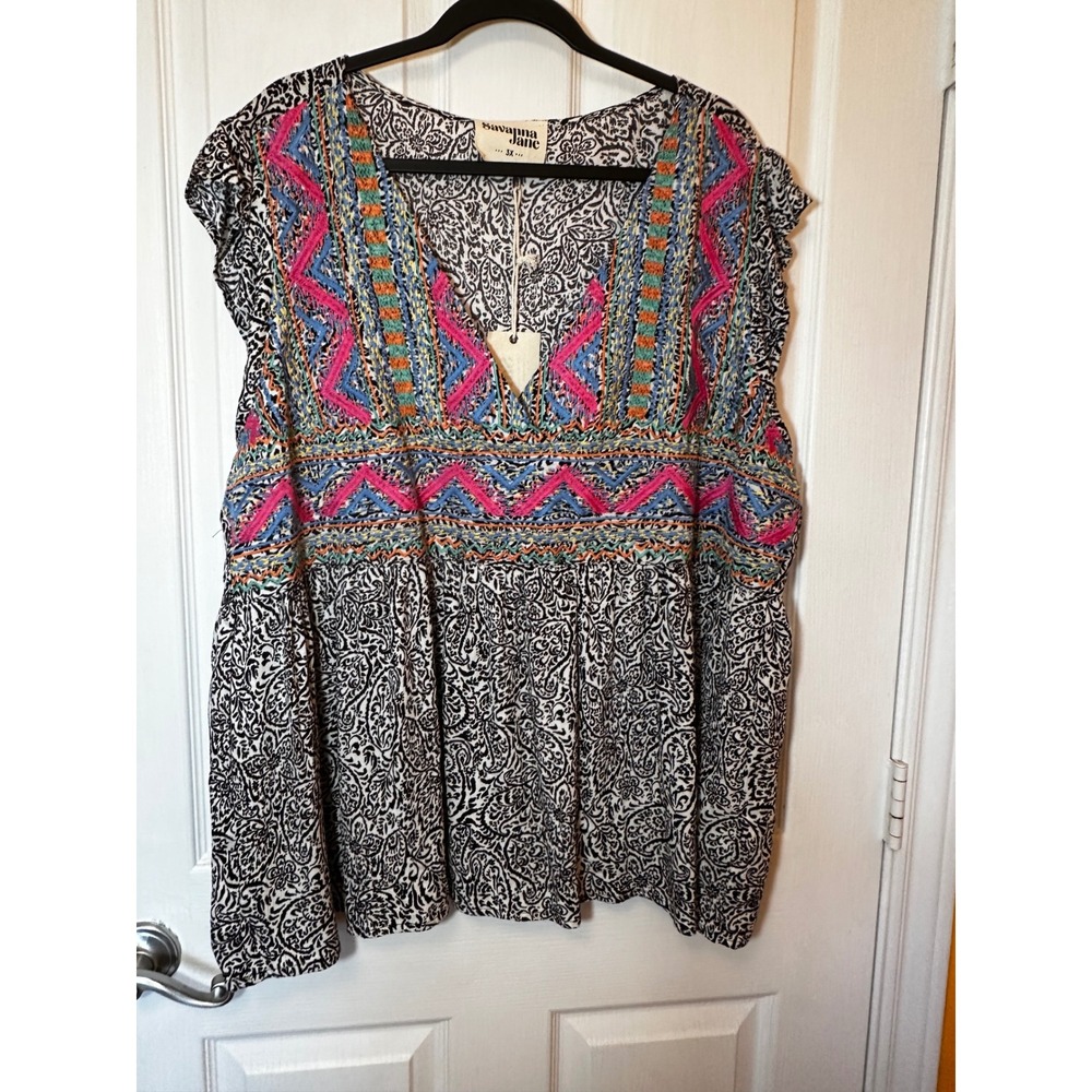 Savanna Jane Paisley Embroidered V-Neck Babydoll Top Black White 3X PT10097-2